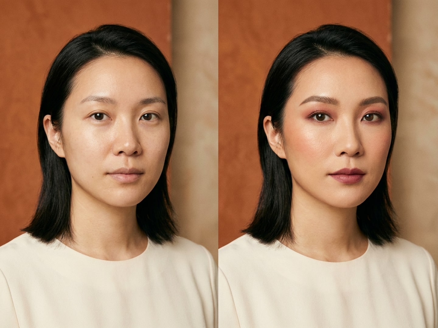 Before and after warm editorial makeup on the same person